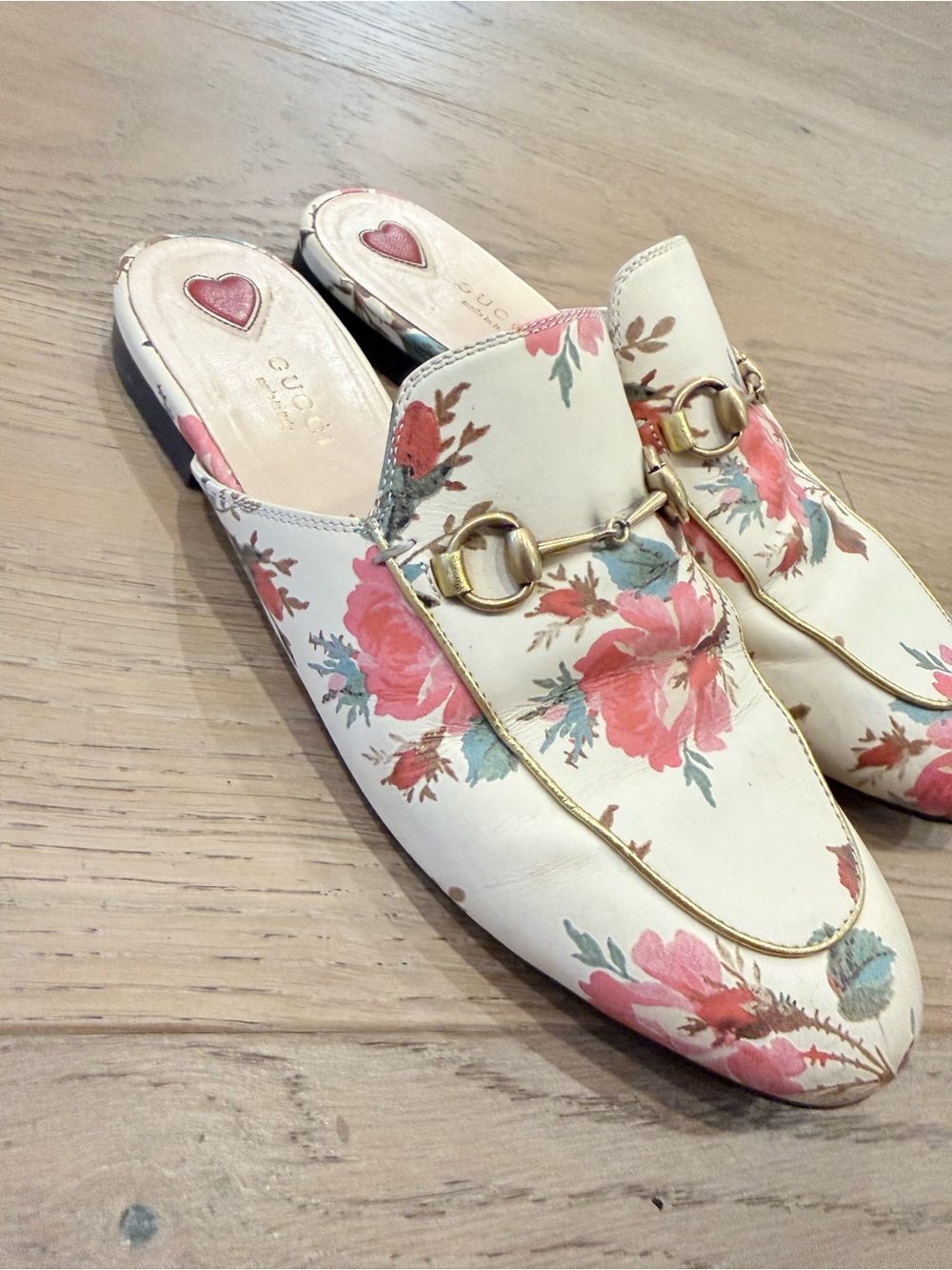 Gucci Floral Ivory Leather Princetown Mules with Pink Accents size 39